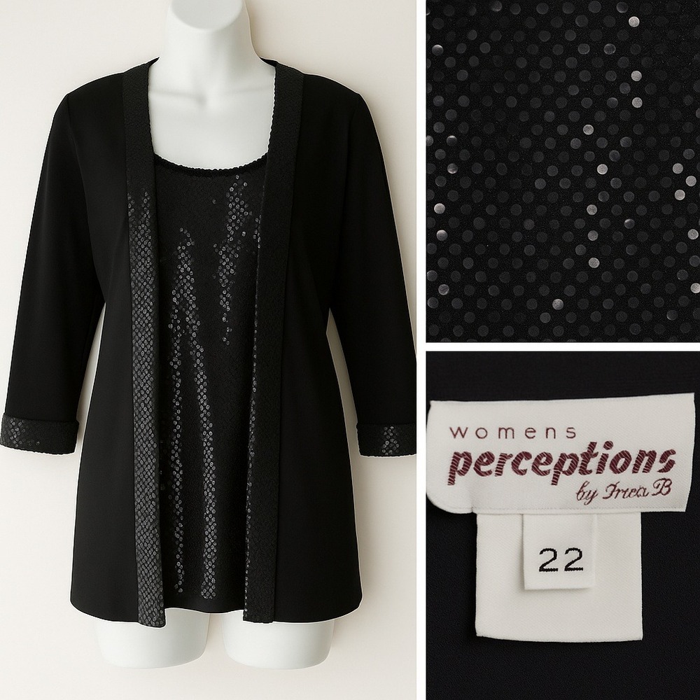 Women's Perceptions by Irene B Women's Sz 22 Jacket‎ /Tank Set Black Sequin Trim
